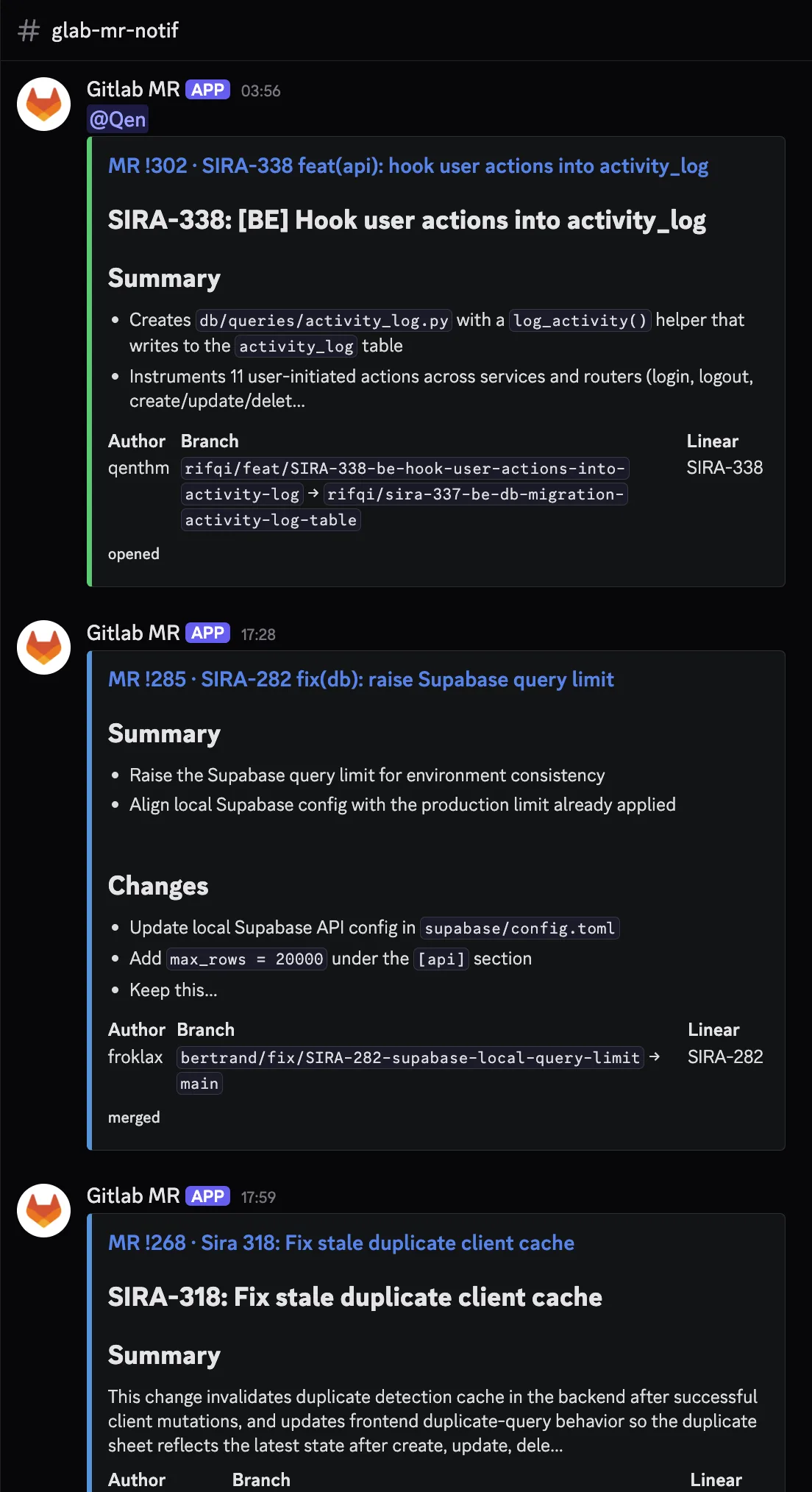 Three live mr-bot cards in the team&rsquo;s #glab-mr-notif Discord channel: MR !302 (Qen, activity_log hooks), MR !285 (froklax, Supabase query limit), MR !268 (Sira-318 duplicate cache fix). Each card shows the MR title as a colored bar (green for opened, blue for merged), a Gemini-generated summary, author handle, source branch with an arrow to main, and the Linear ticket reference