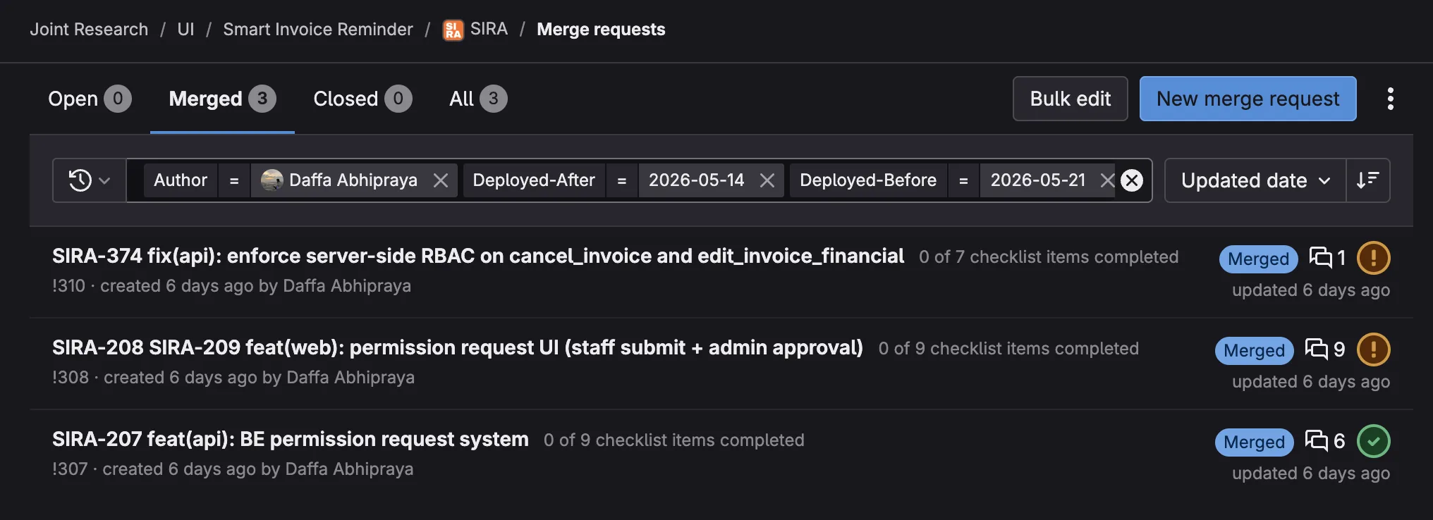 GitLab merge requests page filtered to author Daffa Abhipraya, deployed between 2026-05-14 and 2026-05-21, showing the 3 authored MRs all in Merged state: SIRA-374 RBAC enforcement (!310), SIRA-208/209 permission request UI (!308), and SIRA-207 BE permission request system (!307). Each row shows the merged badge with checklist completion count and discussion count.