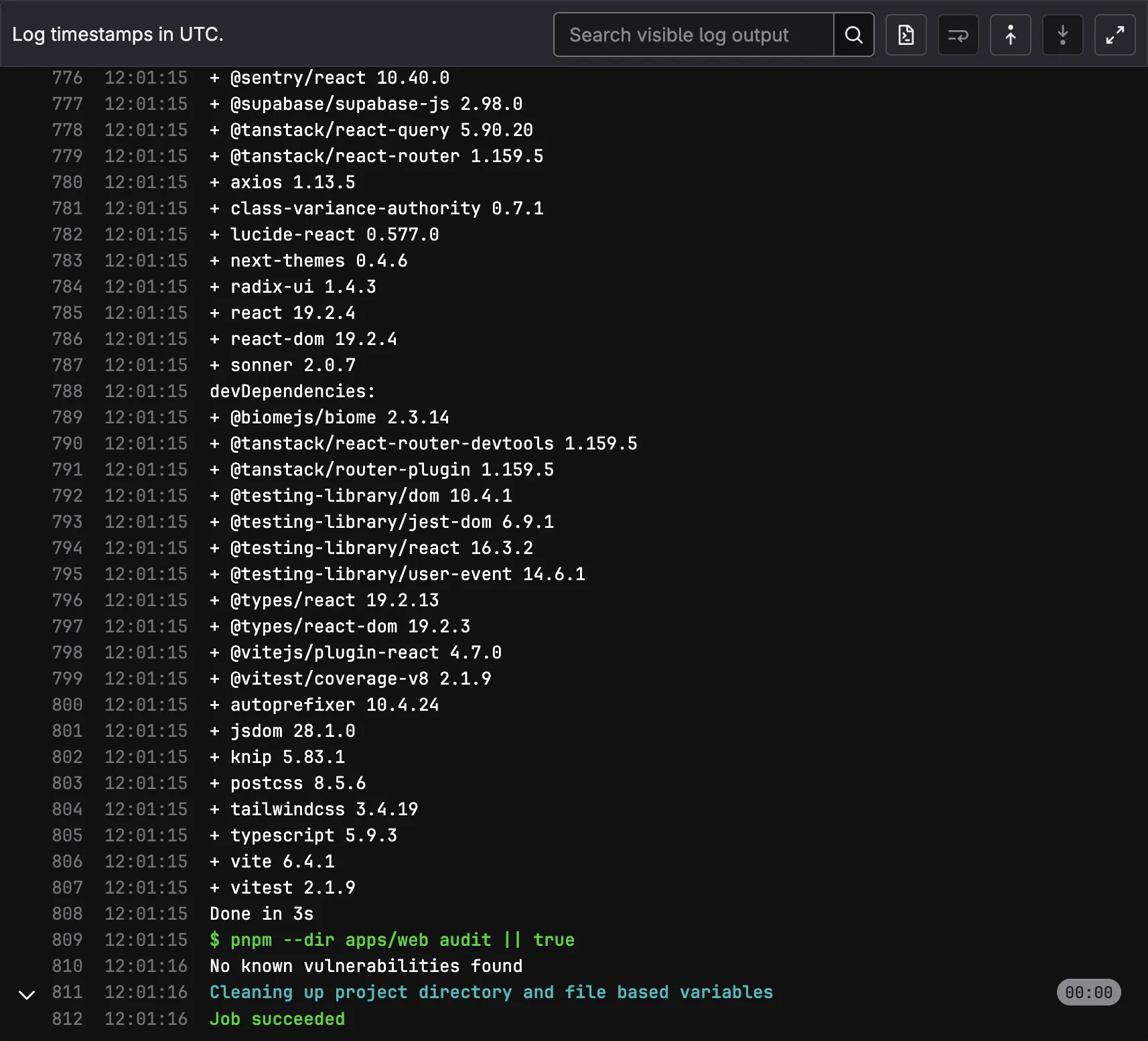 GitLab CI log showing pnpm audit with &ldquo;No known vulnerabilities found&rdquo; and job succeeded