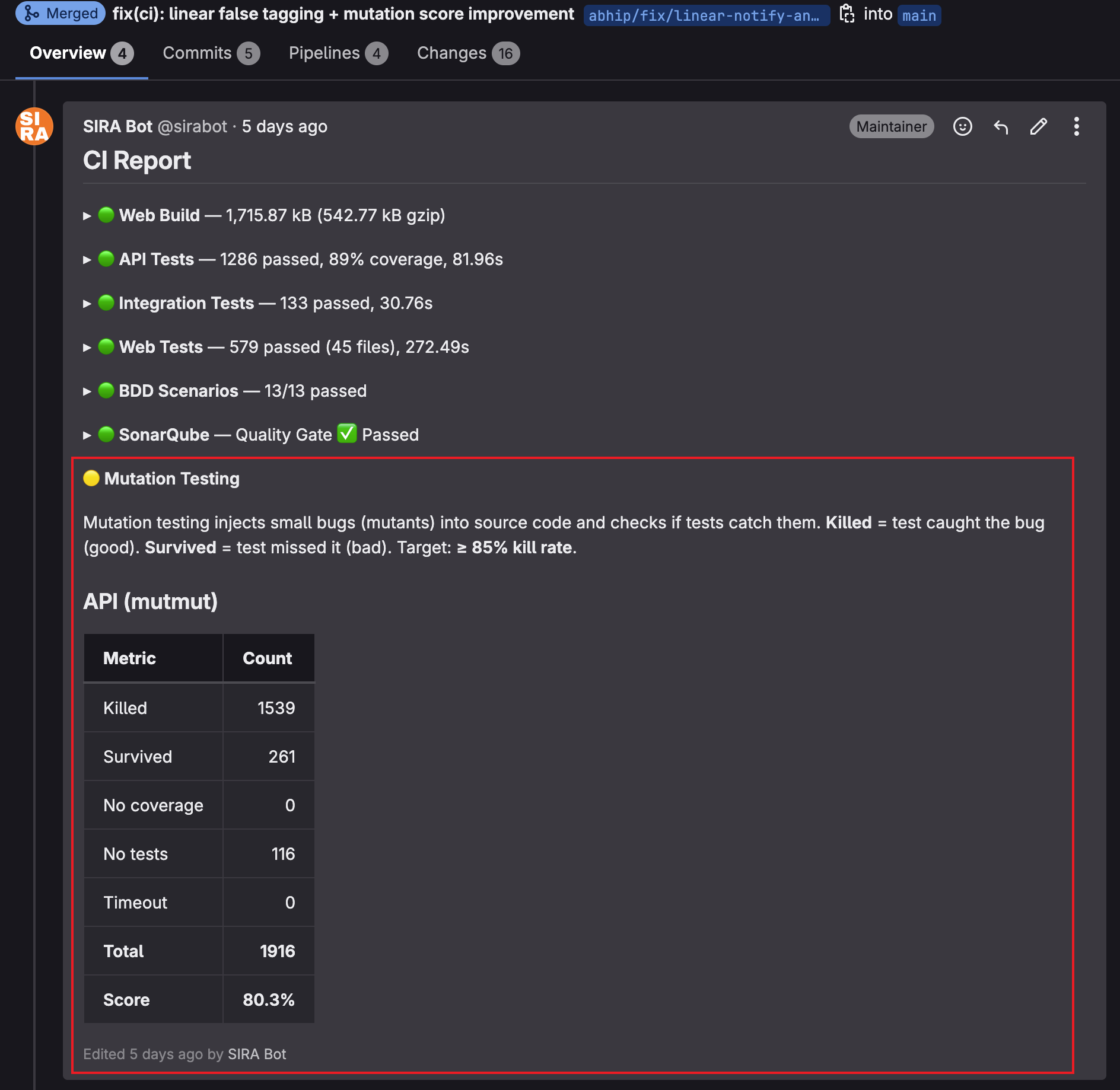 Mutation report on MR !185 showing final score of 80.3% after mutation-killing tests