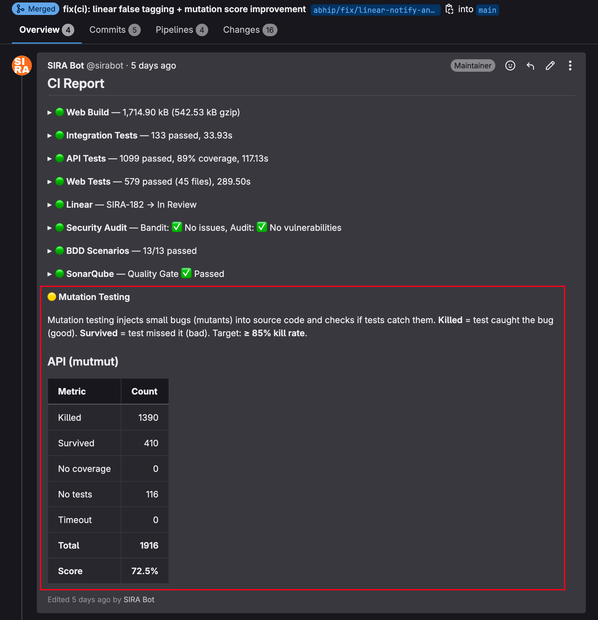 Mutation report before round 3: 1390 killed, 410 survived, 72.5% score