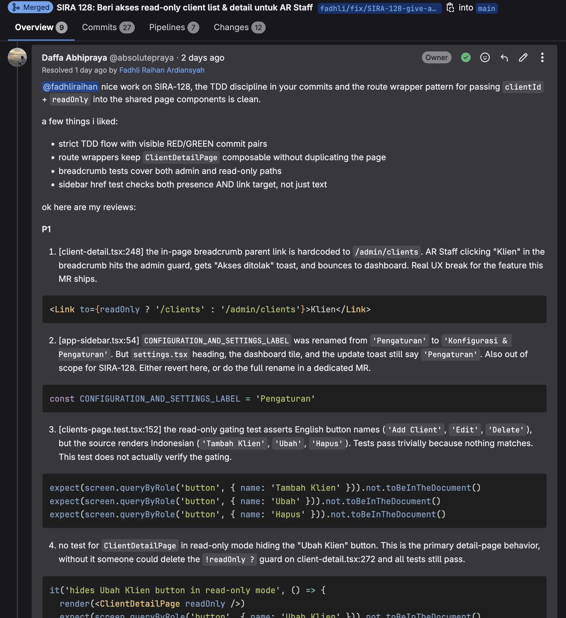 My review thread on MR !171 showing 4 items