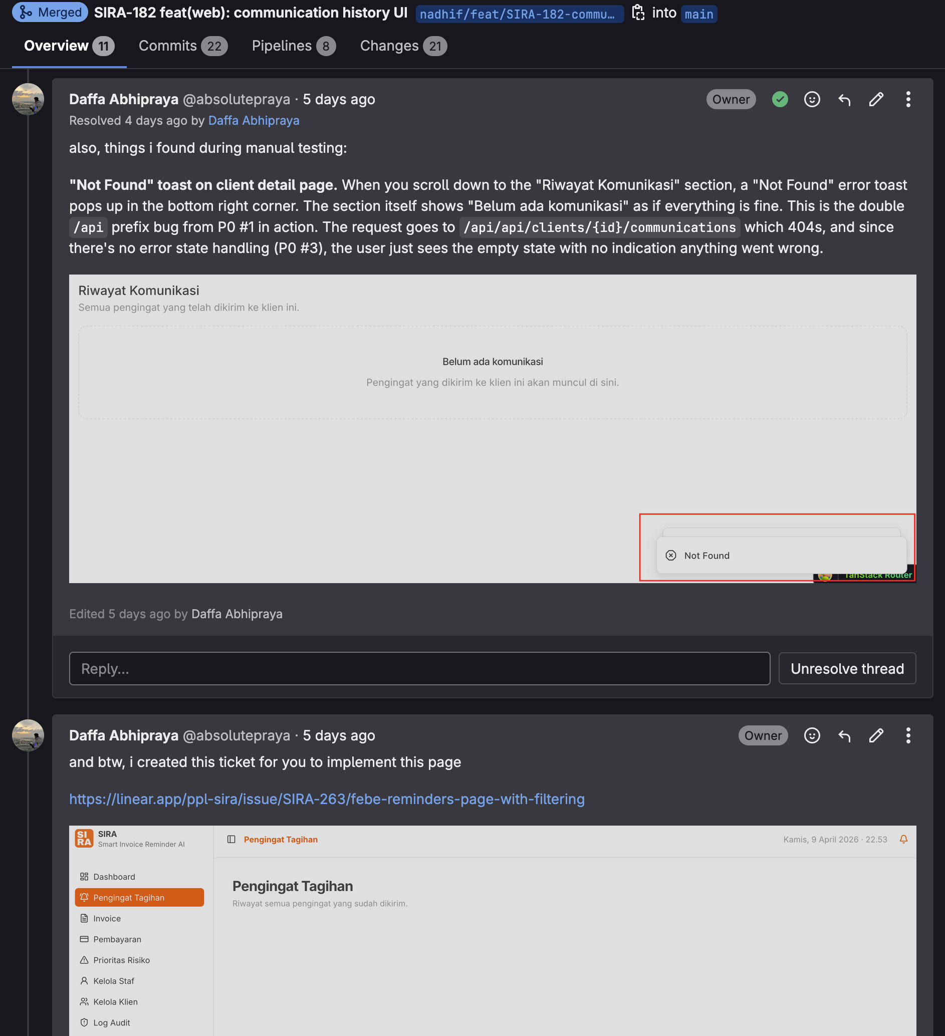 Manual testing note on MR !177 showing the &ldquo;Not Found&rdquo; toast and SIRA-263 ticket I created during review